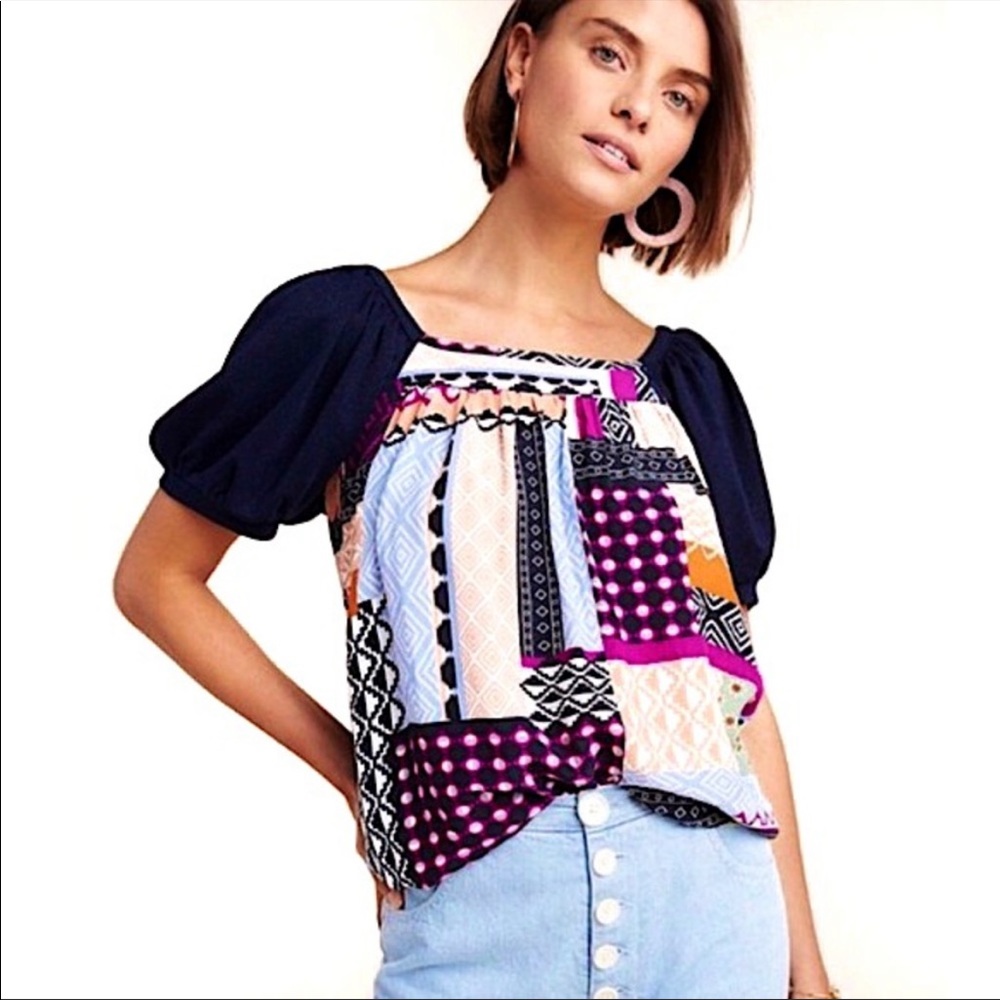Anthropologie Navy Puff Sleeve Patchwork Print Top